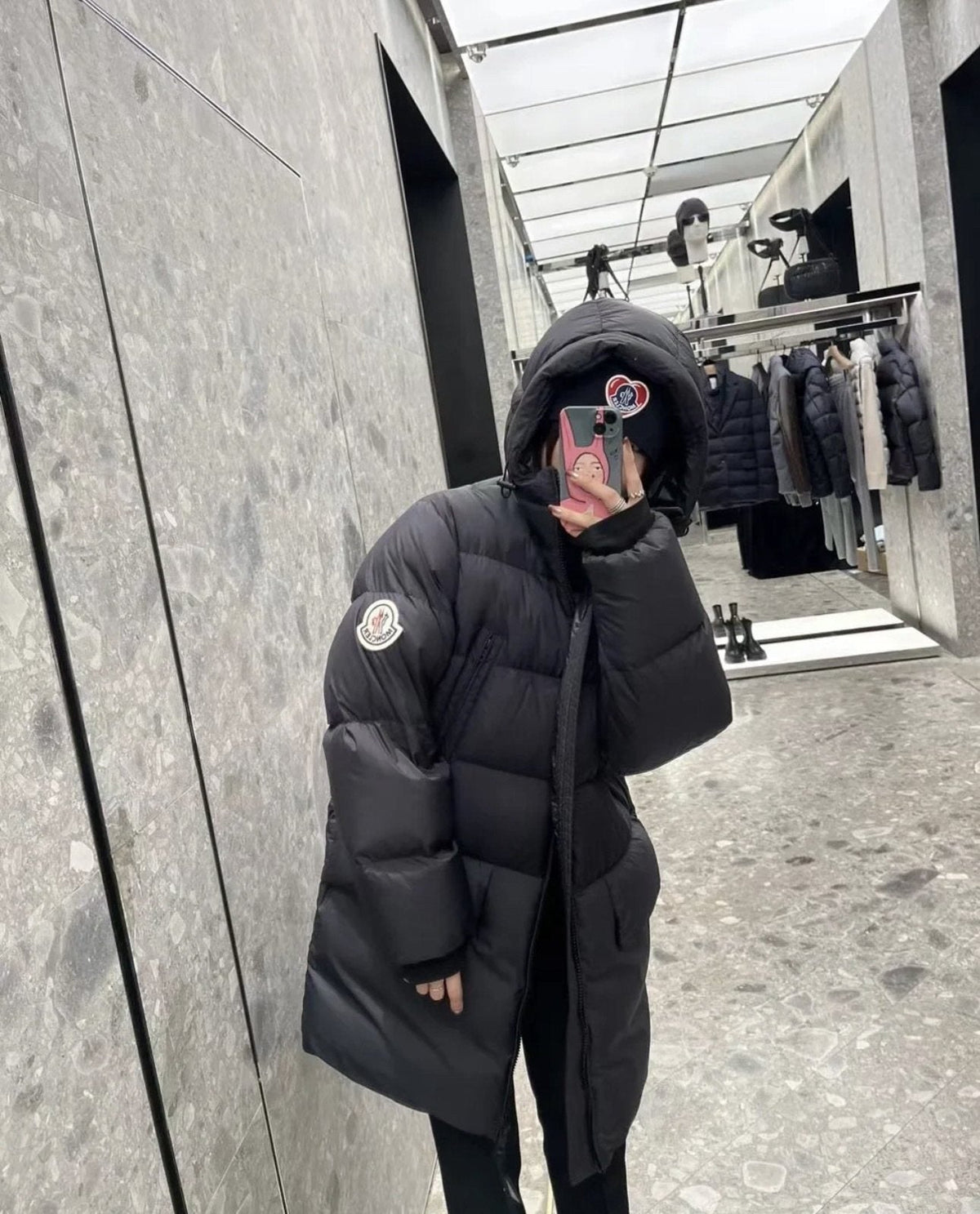 Moncler Bosona Black Long Hooded Down Coat — context