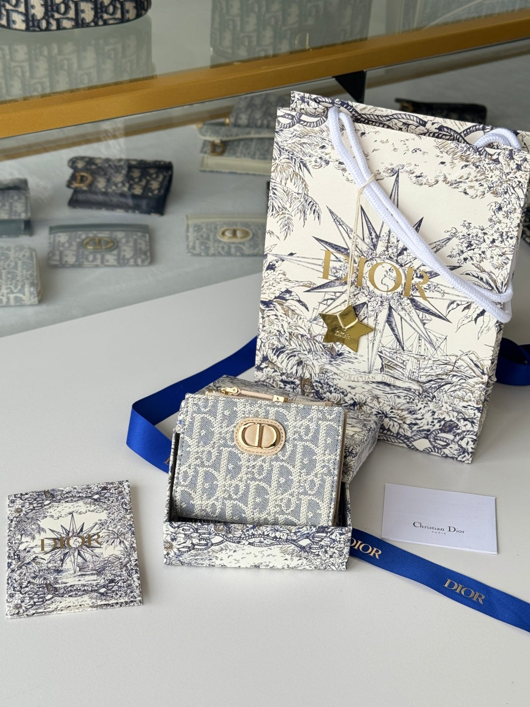 Chanel Dior 25S 30 Montaigne Dahlia Wallet 11 in Light Blue Dior Oblique Jacquard