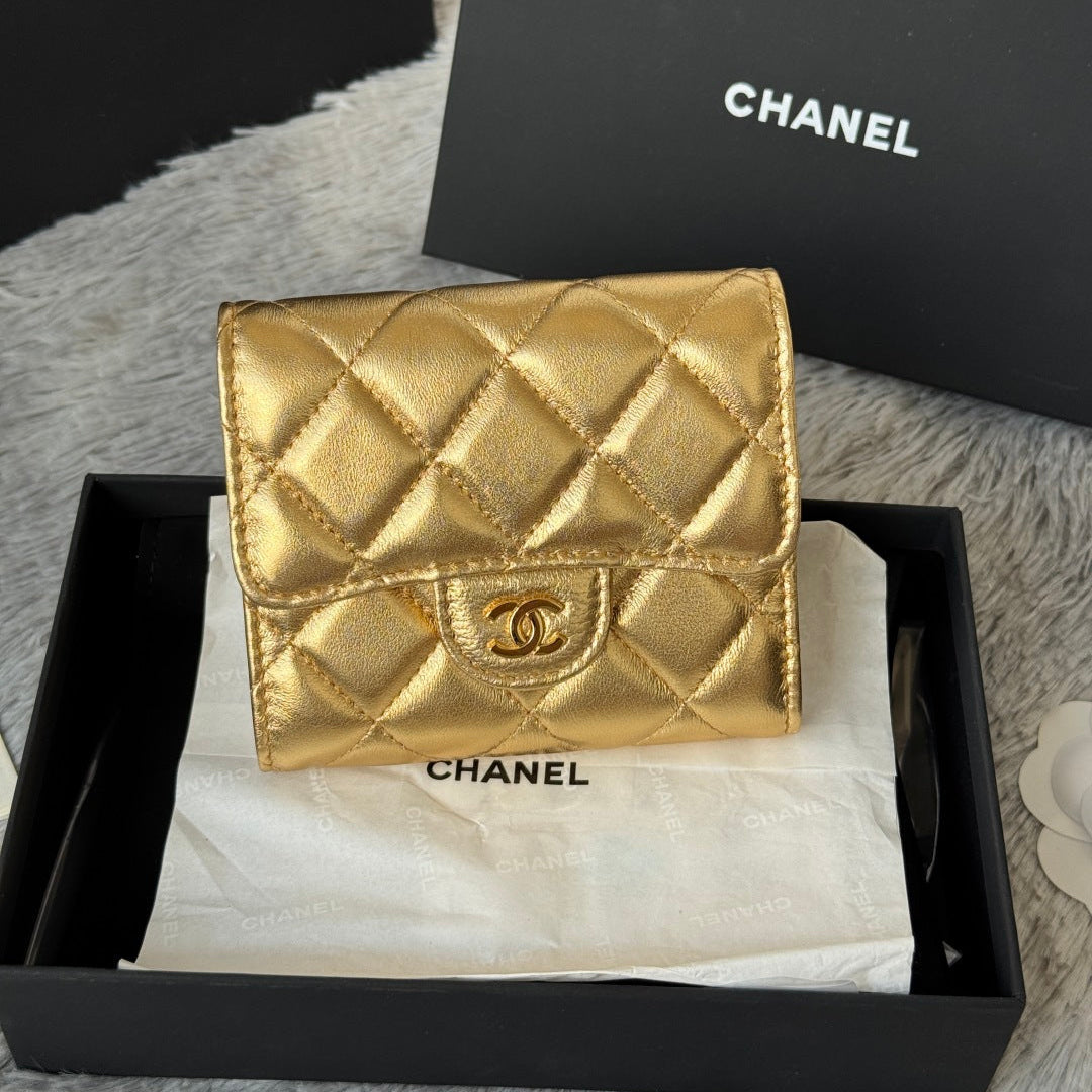 Chanel 25S Cf Small Tri Fold Wallet 11 in Gold Caviar Gold Hardware