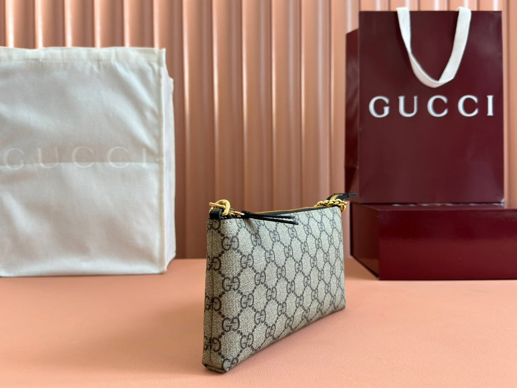 Gucci Rubber Effect Small Wallet On Chain 22.5 in Beige and Dark Brown Calfskin