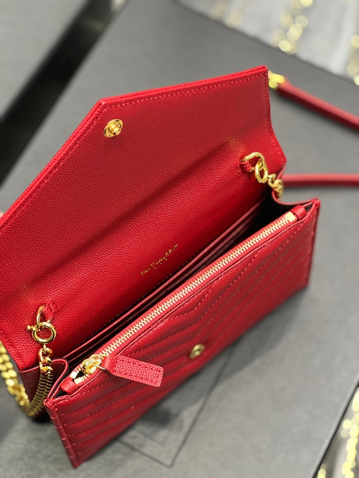Saint Laurent Yl WOC 19 Red Cheveron Caviar Gold Hardware