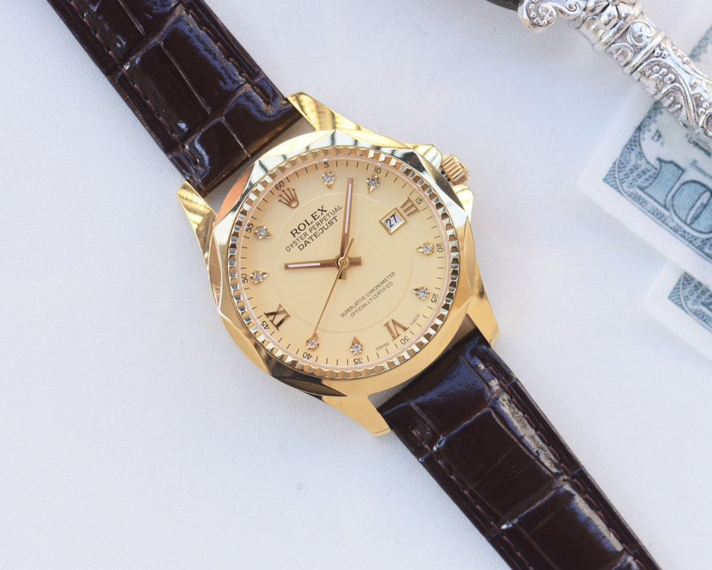 Rolex Gold Brown Strap Watch — front